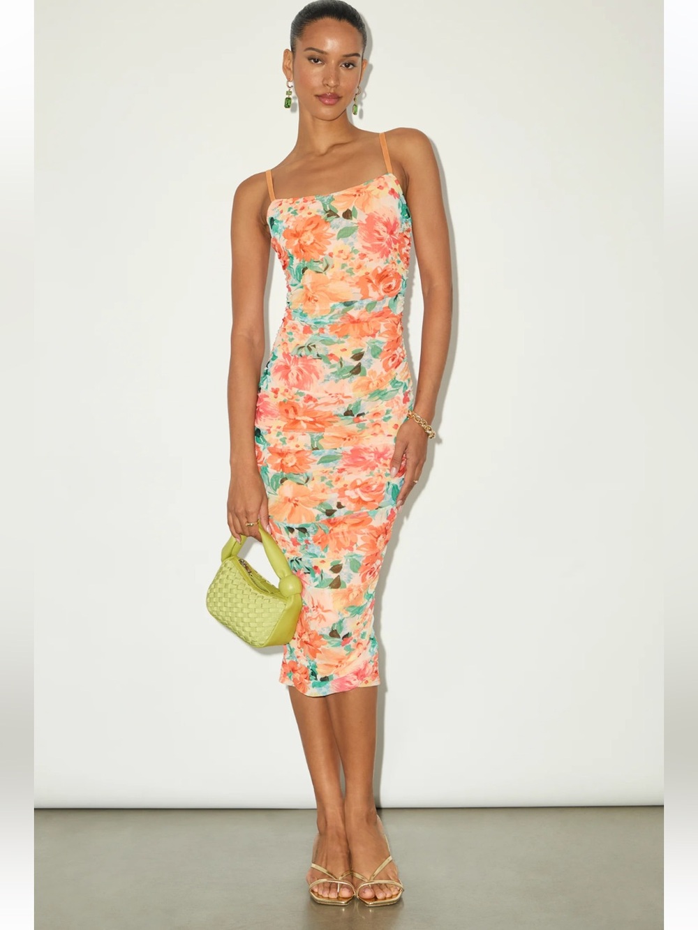 NWT * LULU’S Date Night Beauty Orange Floral Print Mesh Ruched Midi Dress Sm